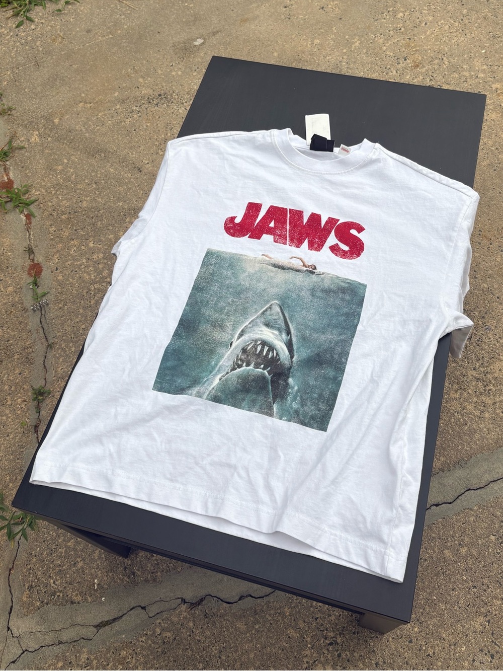 H&M White Men's JAWS Graphic Swim Rash Guard with Red Logo